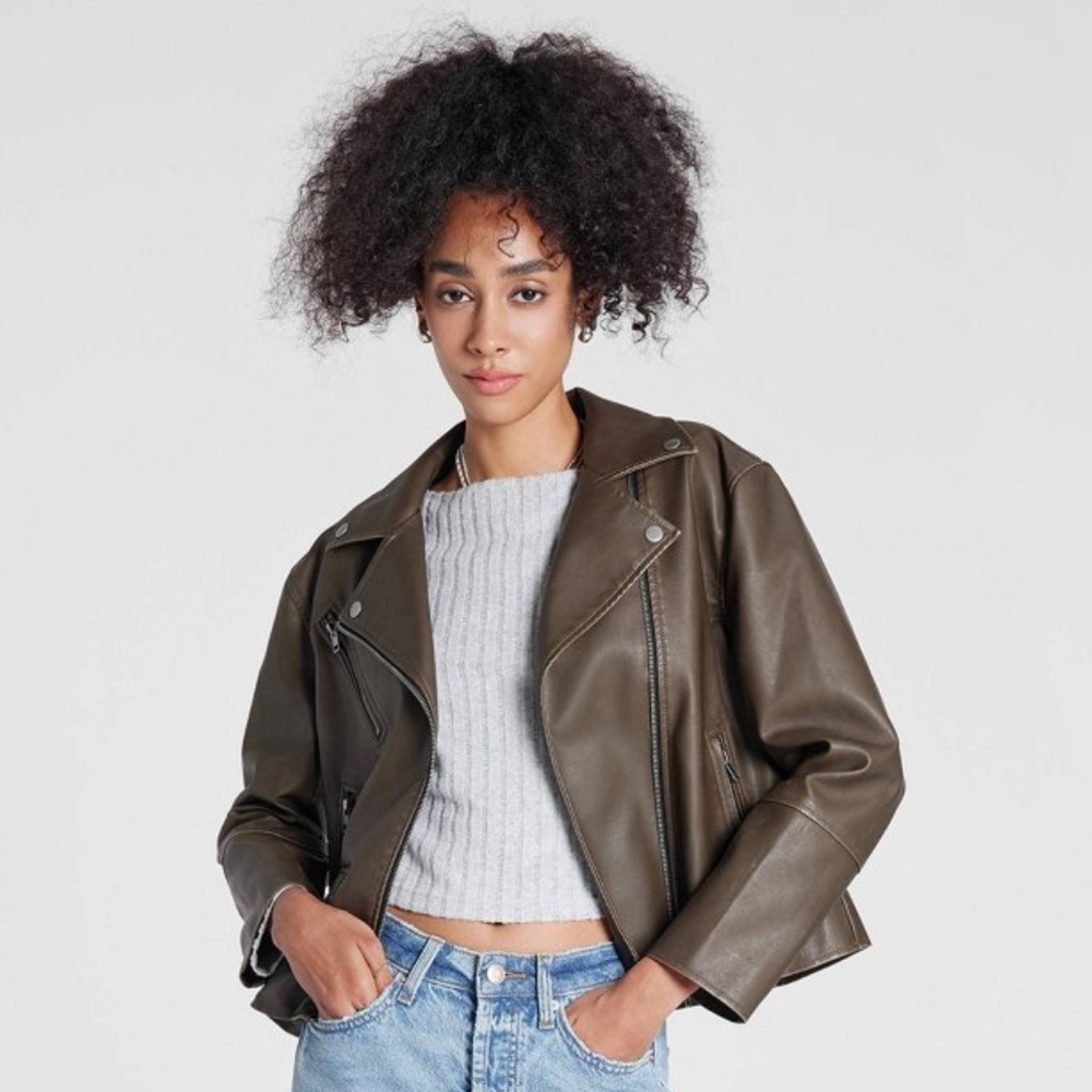 women’s faux leather biker jacket - wild fable - gray/green - size L